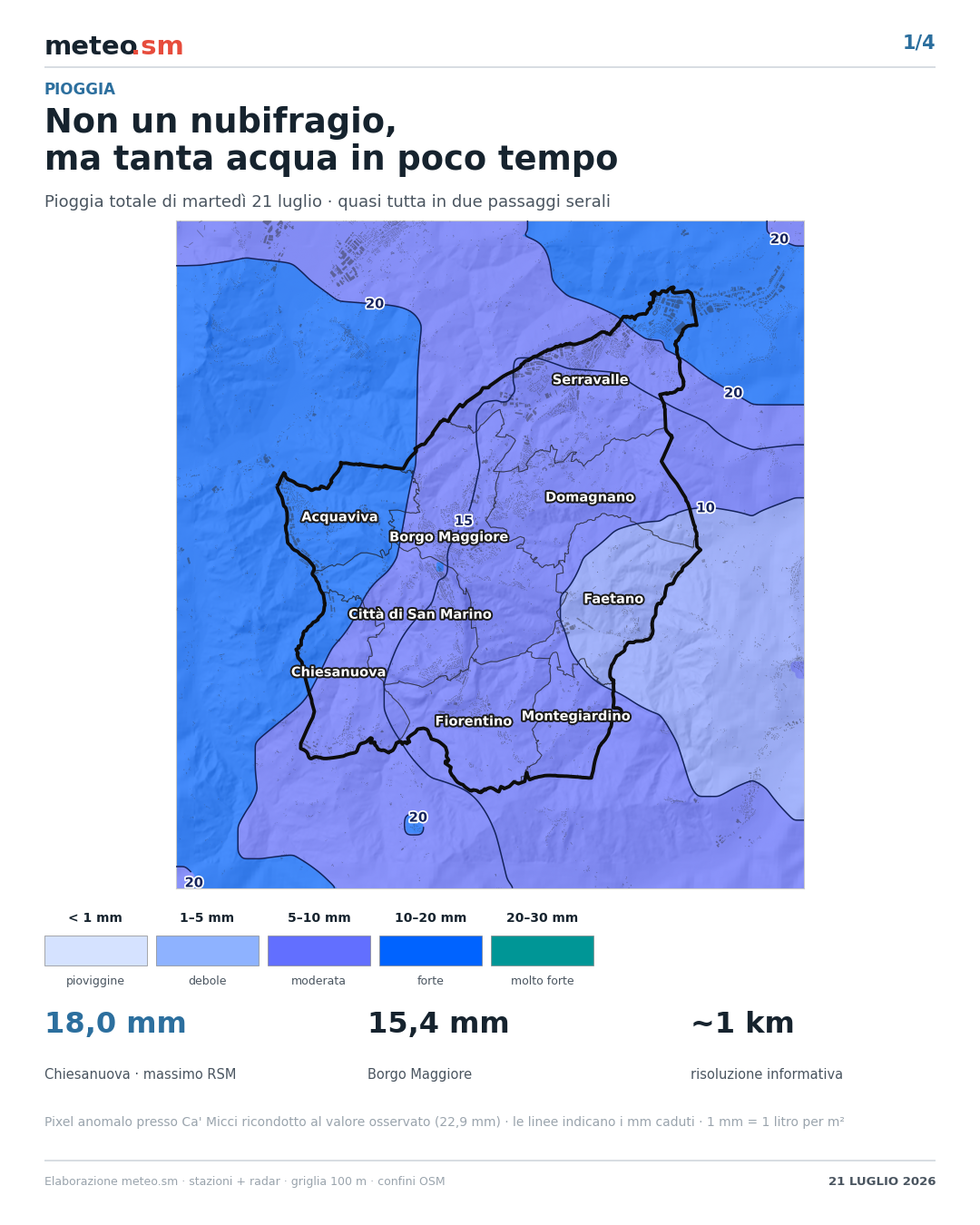La pioggia caduta il 21 luglio 2026 sulle stazioni della rete